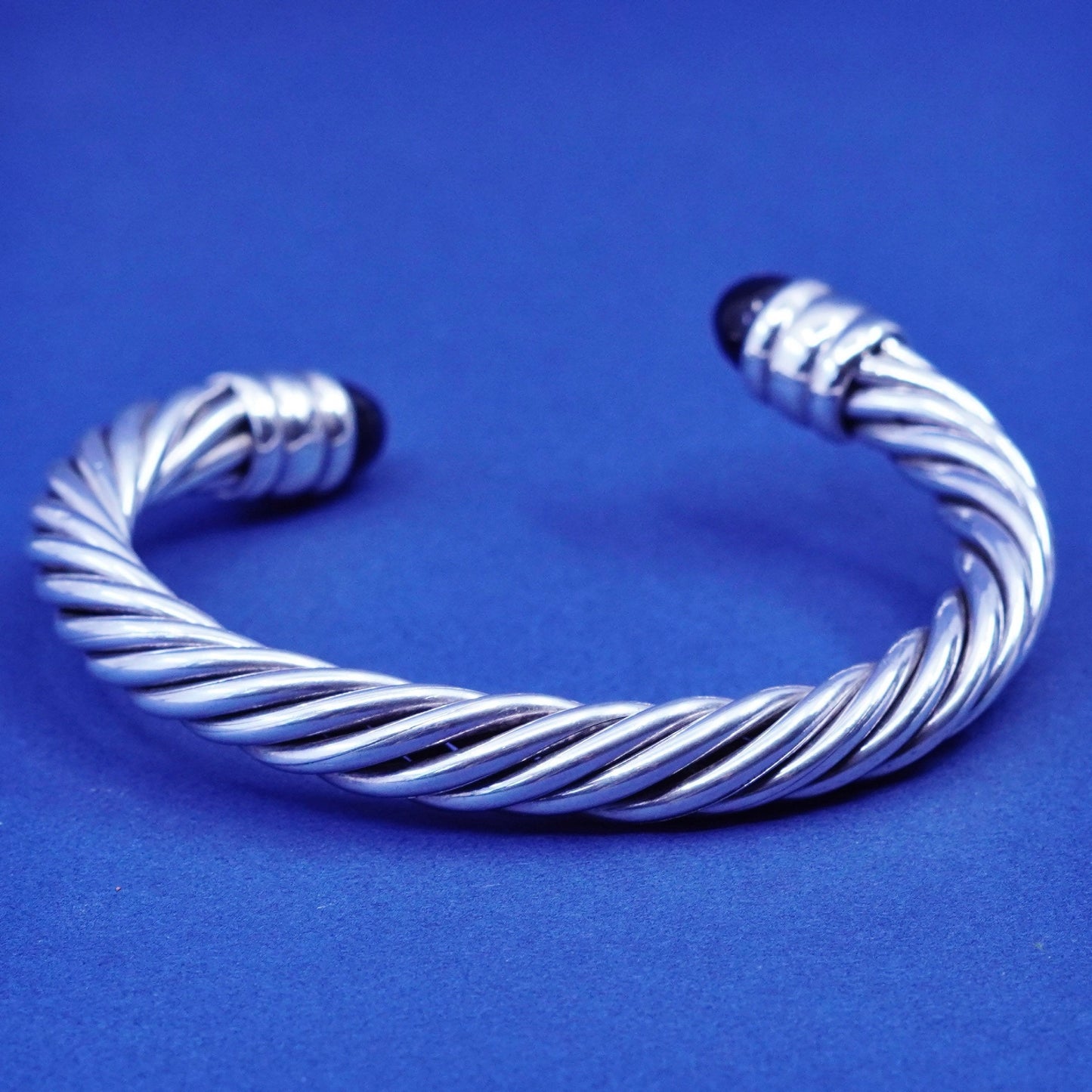 6.5”, sterling silver bracelet, 925 twisted cable cuff with obsidian beads end
