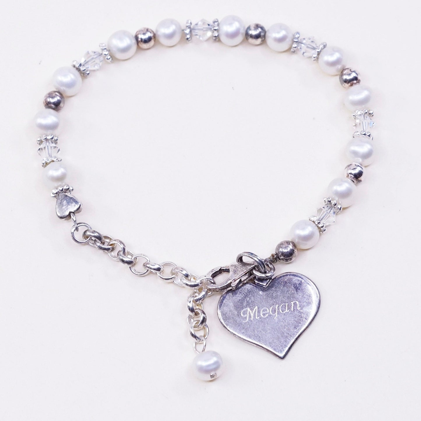 6”, vtg sterling 925 silver handmade bracelet, pearl beads w/ heart charm Megan