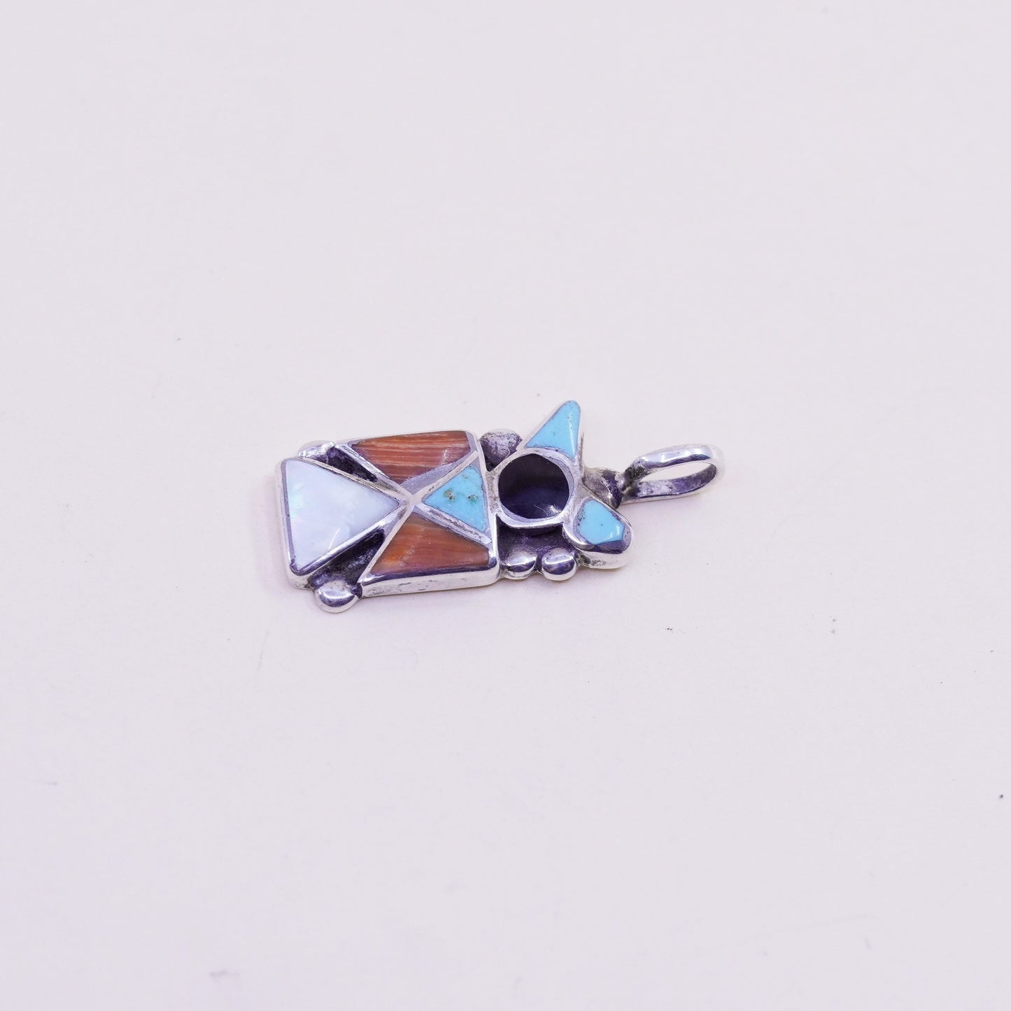 Sterling silver pendant, Navajo 925 runner bird turquoise coral mother of pearl