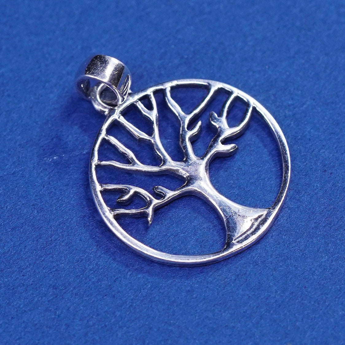 vtg sterling silver handmade pendant, 925 circle w/ filigree tree