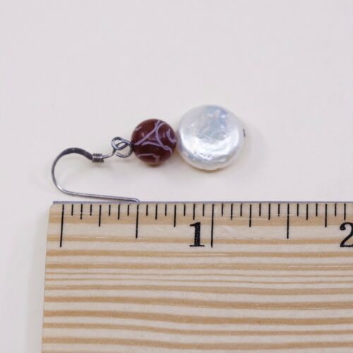 Vintage Southwestern handmade Sterling Silver Pearl Earrings w/ Orange Beads
