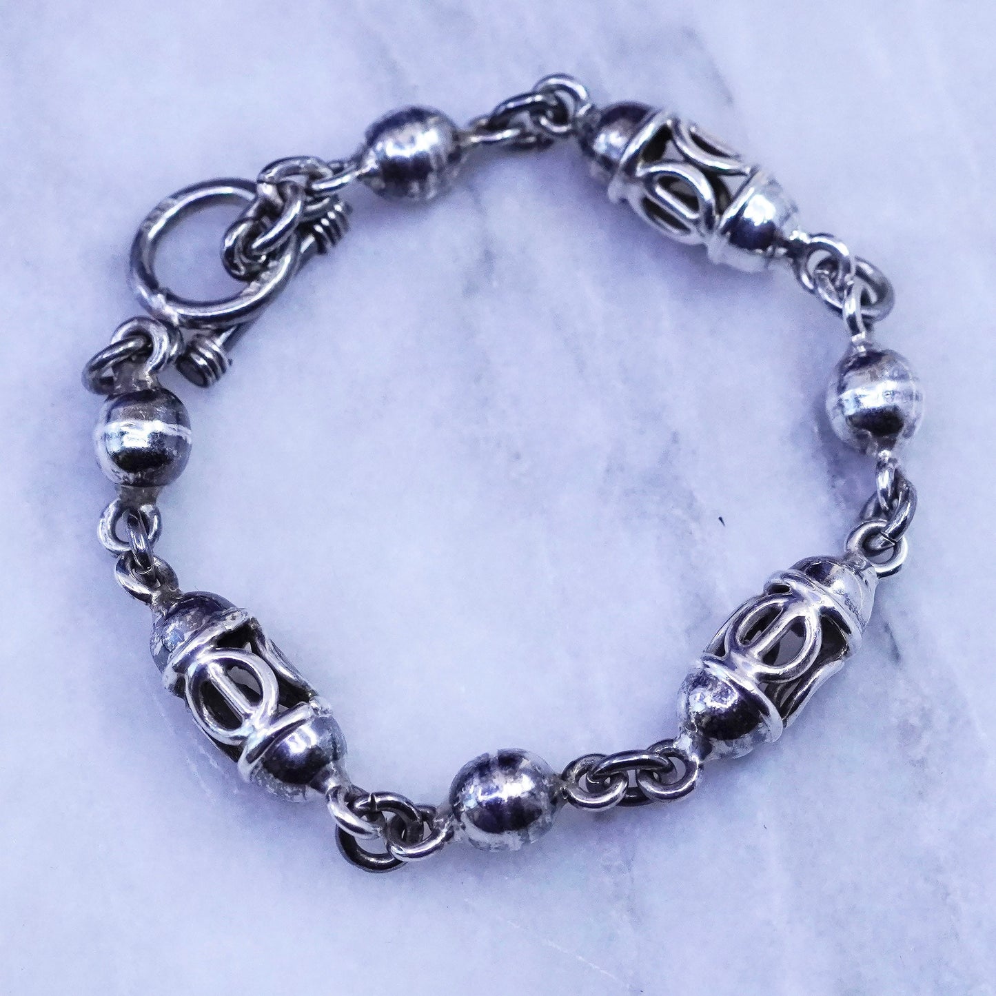 6.75”, vintage sterling 925 silver handmade bracelet with bali beads