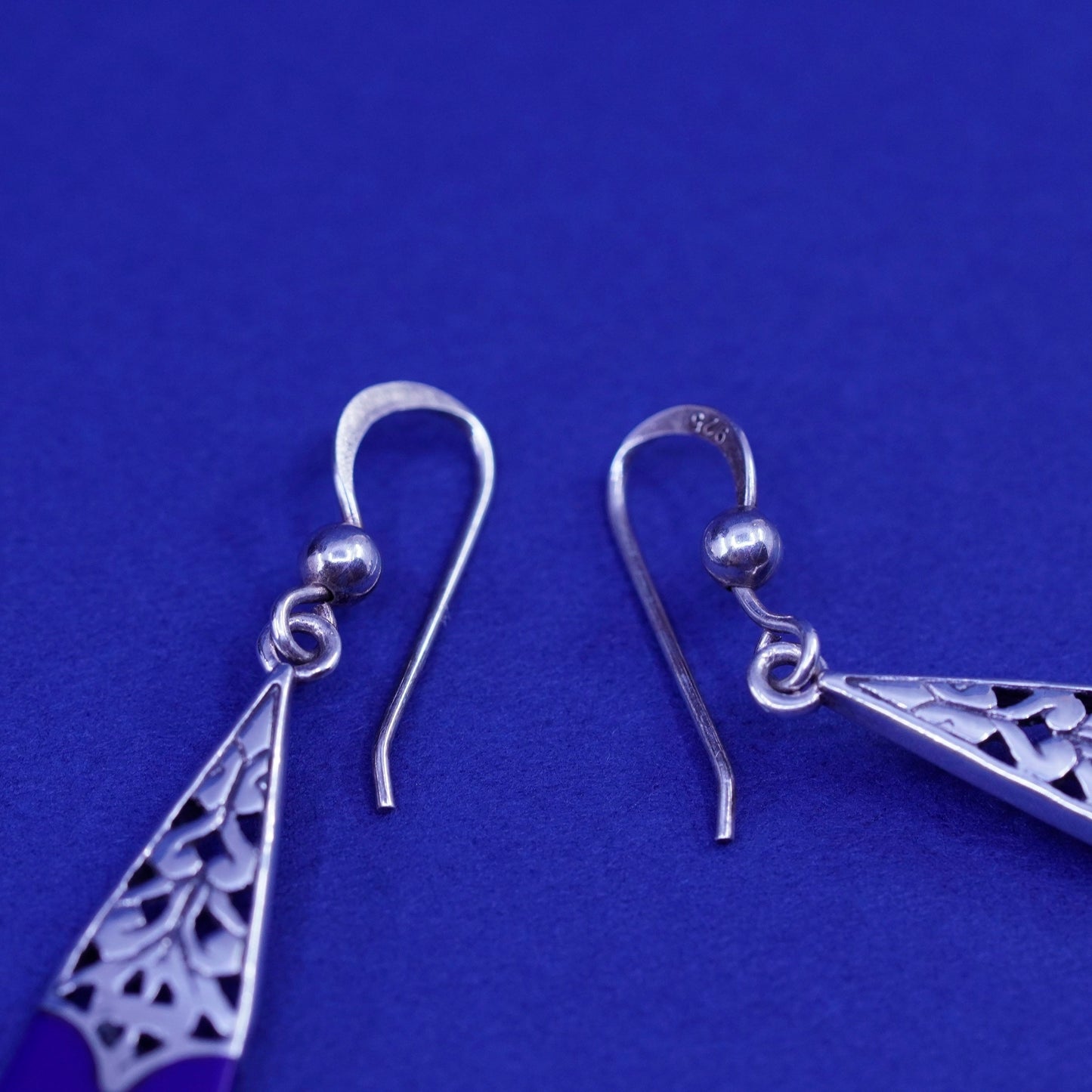 Vintage Sterling 925 silver handmade earrings with teardrop blue onyx and Bali