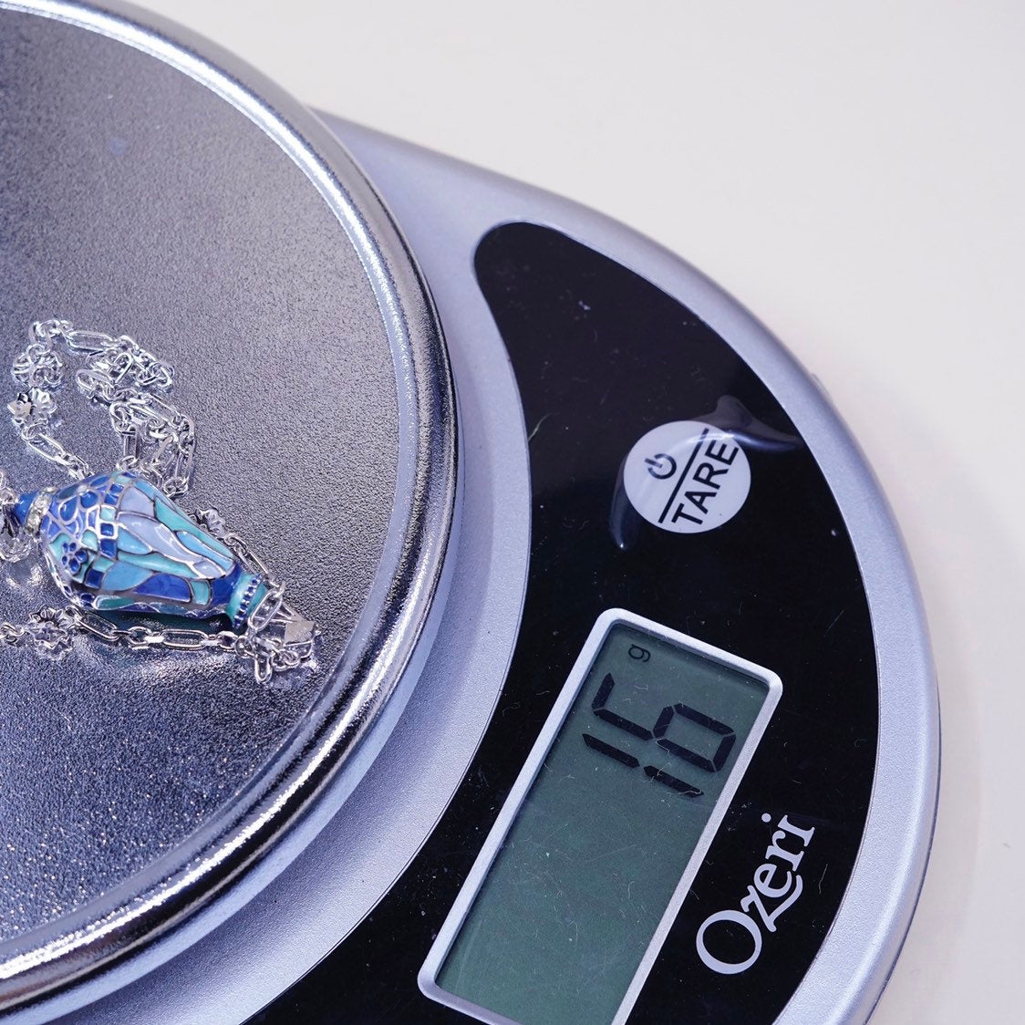 18”, BGE sterling 925 silver elongated chain necklace W teardrop enamel pendant