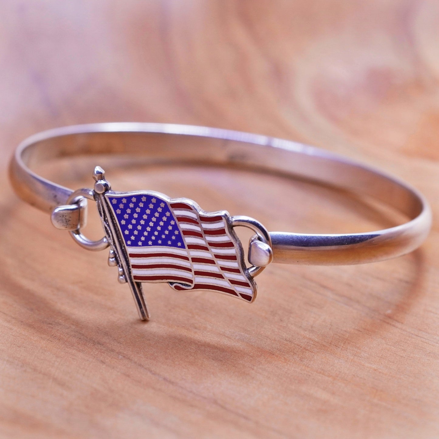6.5”, sterling silver handmade bracelet, hinged bangle enamel American flag
