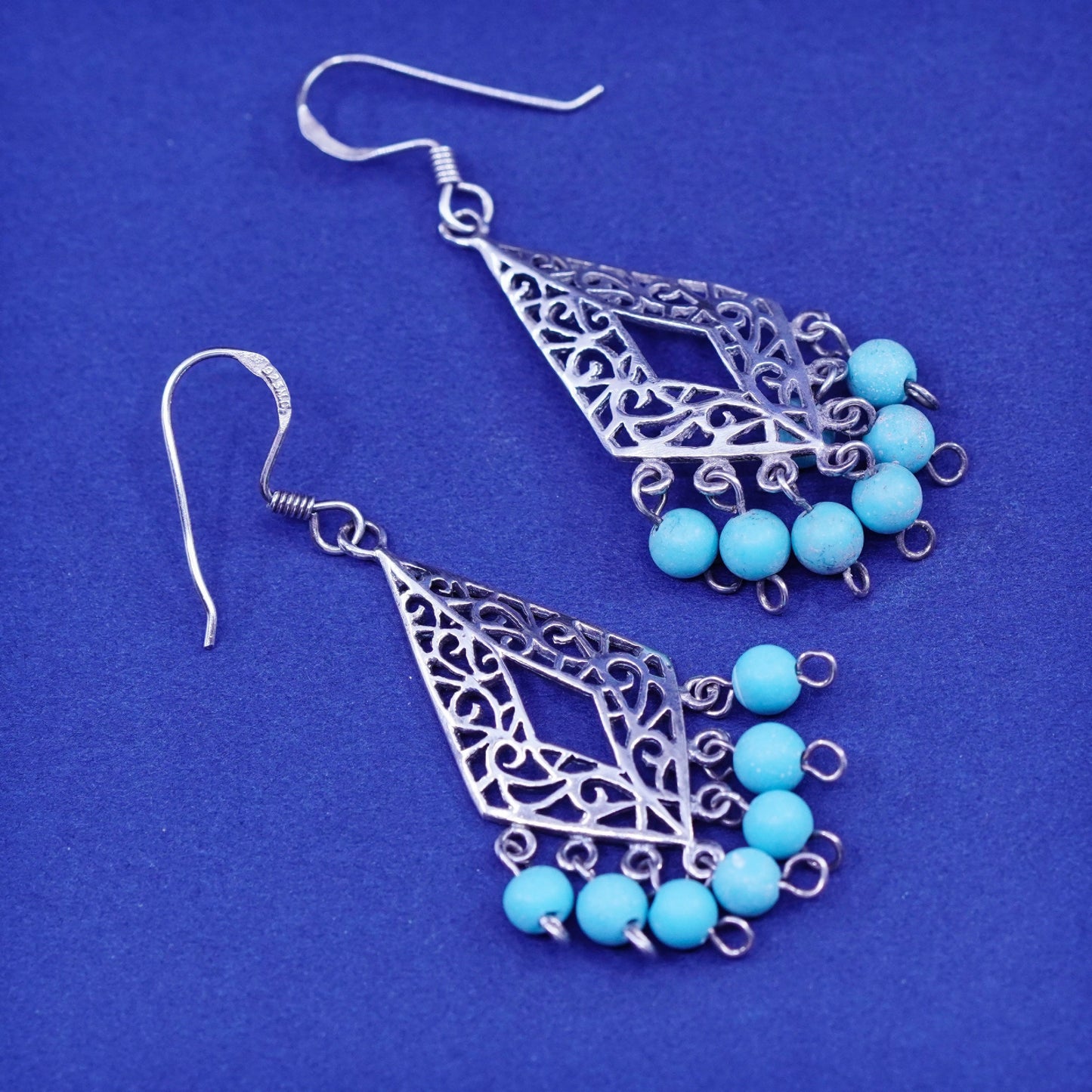 Native American Sterling silver earrings 925 filigree diamond turquoise cluster