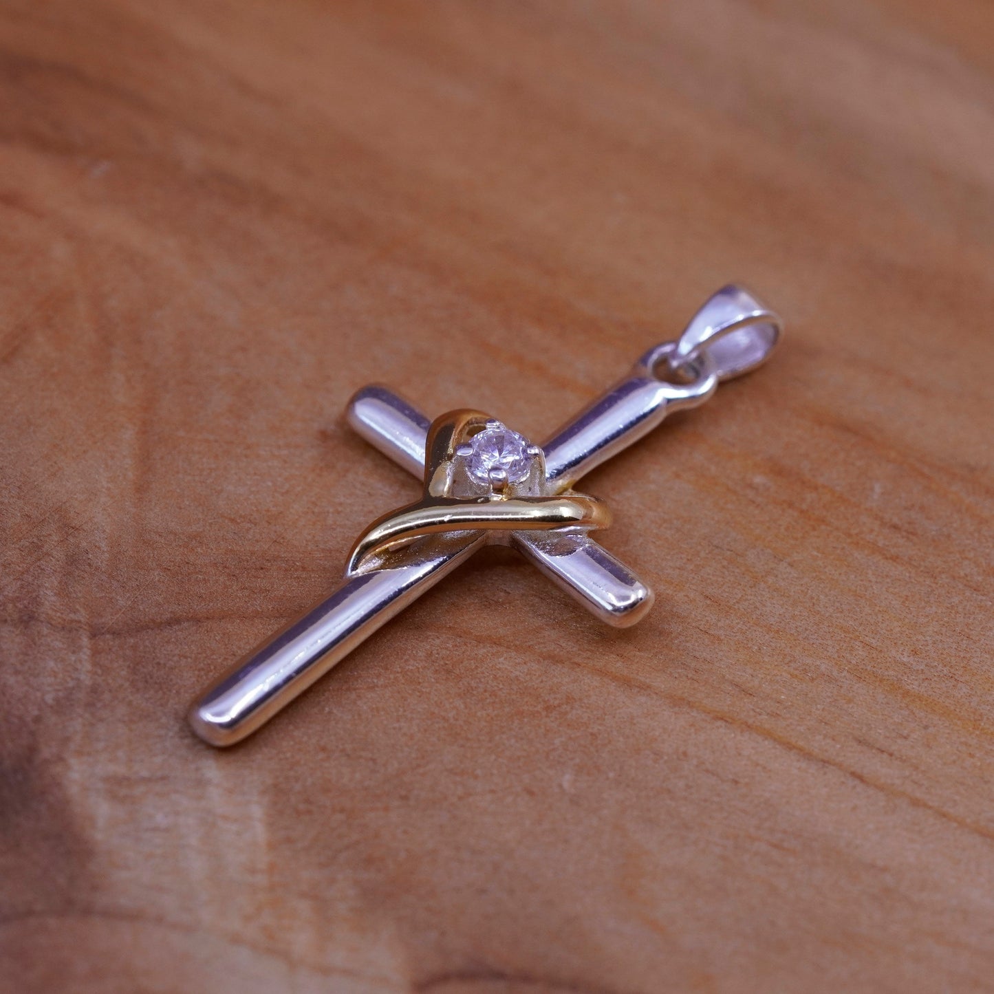 Vintage Sterling silver handmade pendant, 925 cross with heart and cz