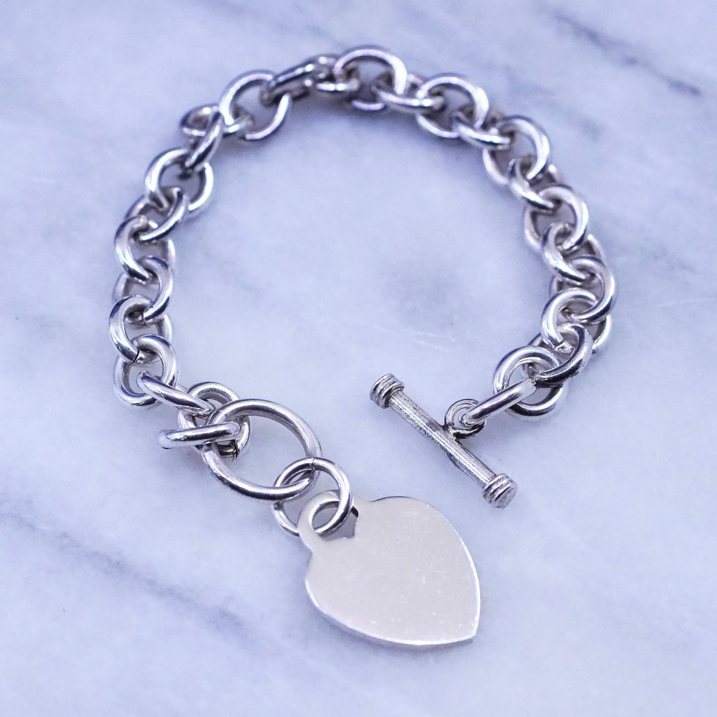 6.25”, Sterling silver handmade bracelet, 925 bold circle chain heart tag charm