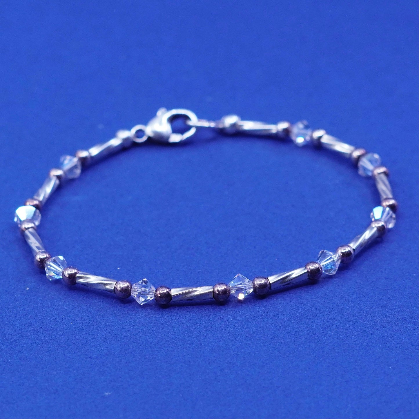 6.25”, Sterling silver handmade bracelet, 925 twisted bar w/ Swarovski crystal