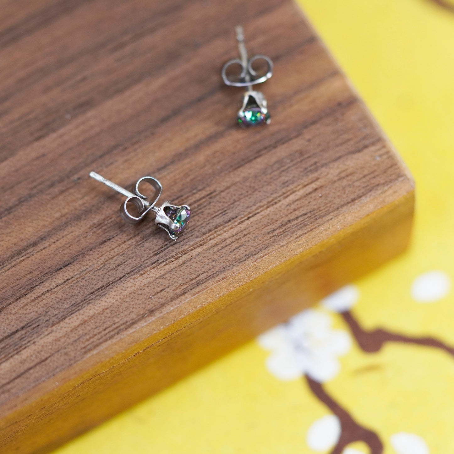 Vintage Sterling 925 silver handmade studs, earrings with rainbow topaz