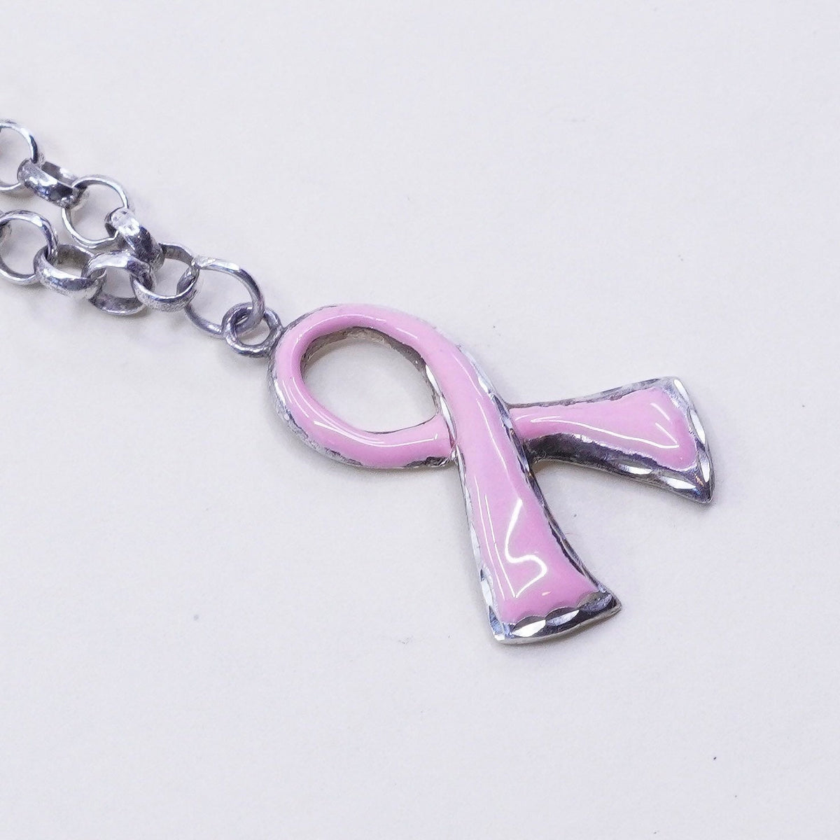 6.5” sterling 925 silver bracelet, circle chain ribbon breast cancer survivor