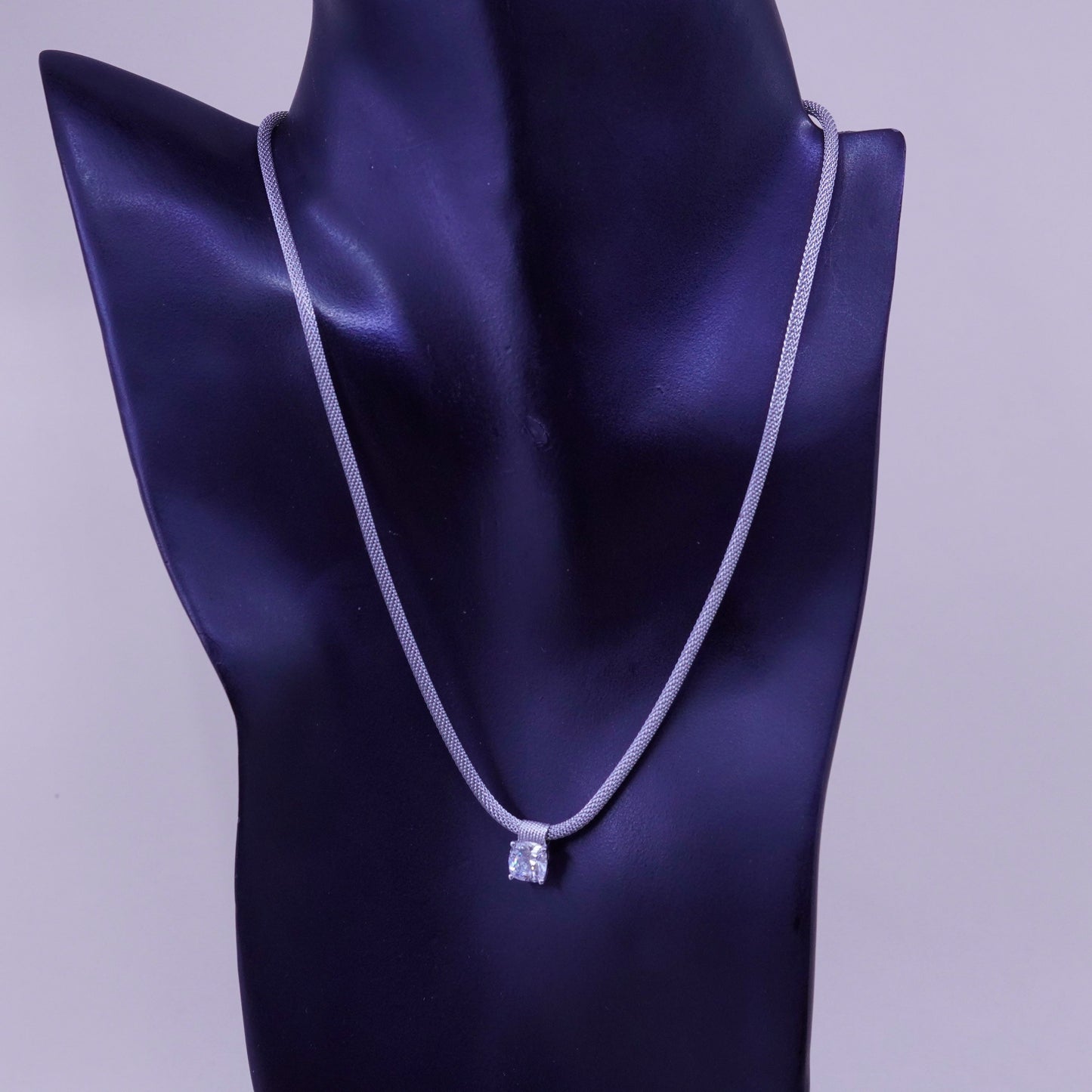 16”, vintage Italy Sterling silver necklace, 925 mesh chain with cz pendant