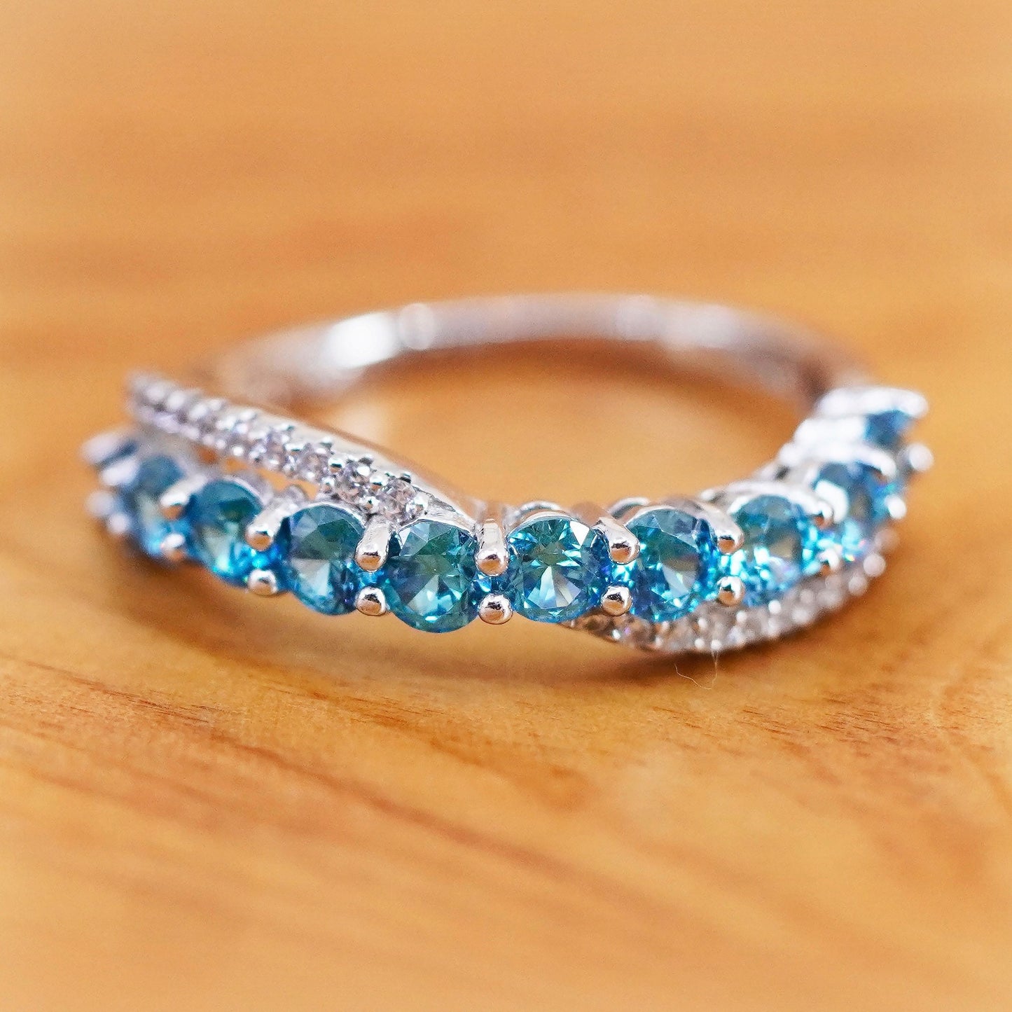 Size 7, vintage Sterling silver handmade ring, 925 band with blue crystal