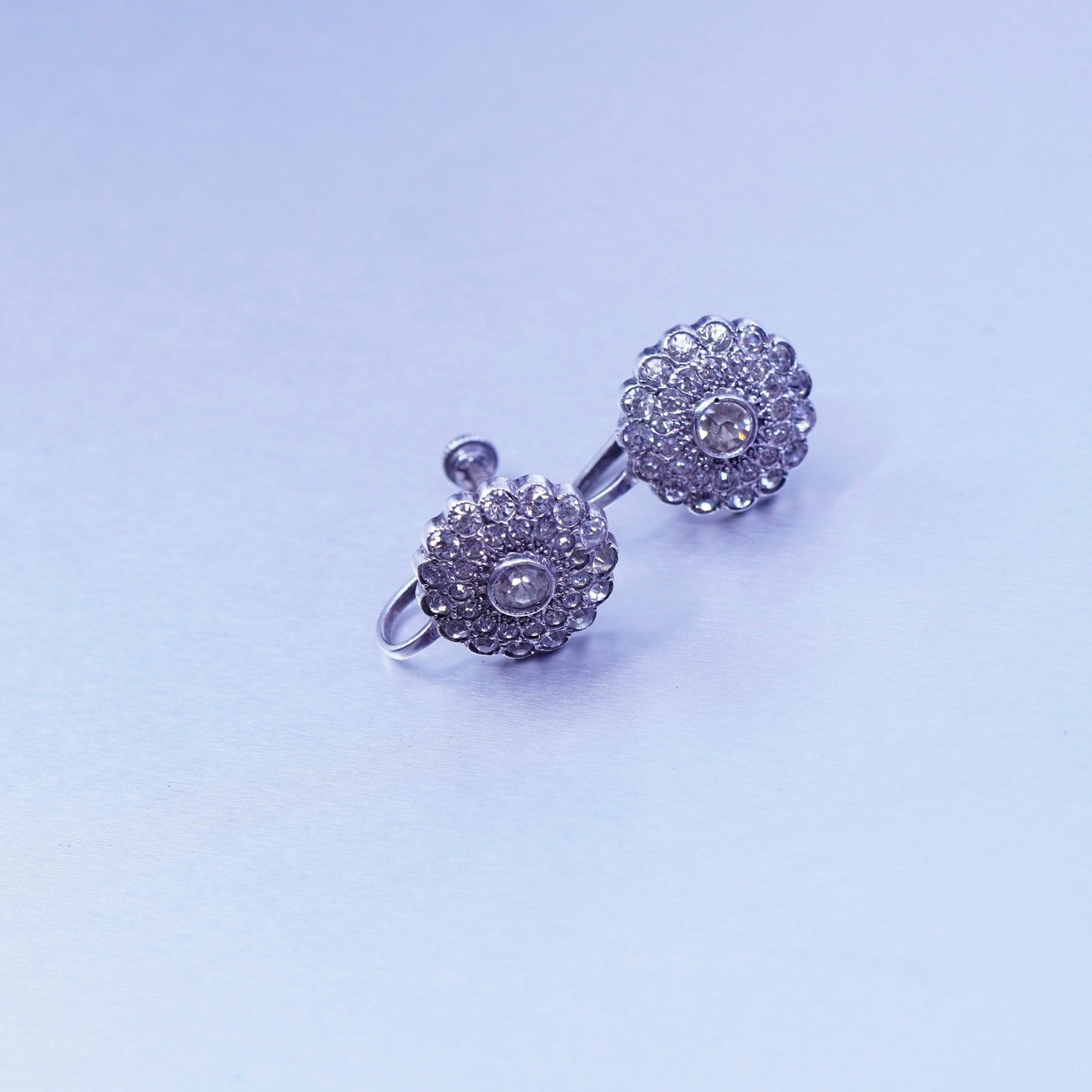 modern Sterling 925 silver handmade earrings, screw back flower w/ cluster Cz