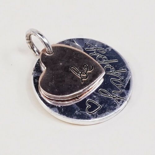 Vintage Two Tone Sterling Silver Pendant, 925 Quote Tag “be Happy” Copper Heart