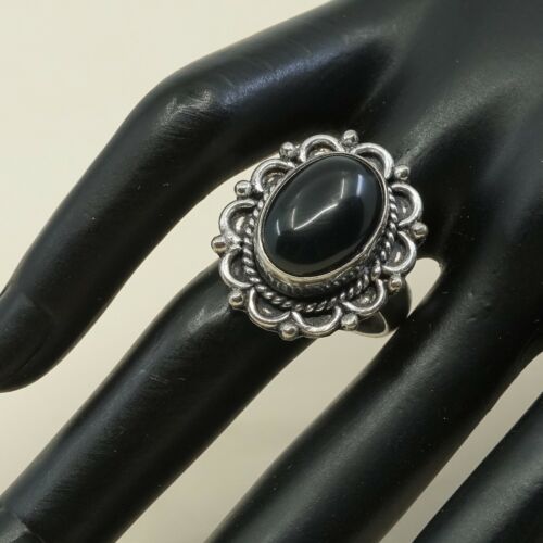 Sz 9.5, Vtg Sterling Silver Handmade Ring, 925 Silver Band W/ Oval obsidian