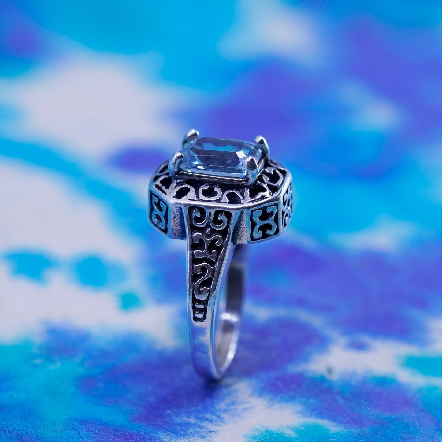 Size 6, vintage sterling 925 silver handmade filigree ring with emerald topaz