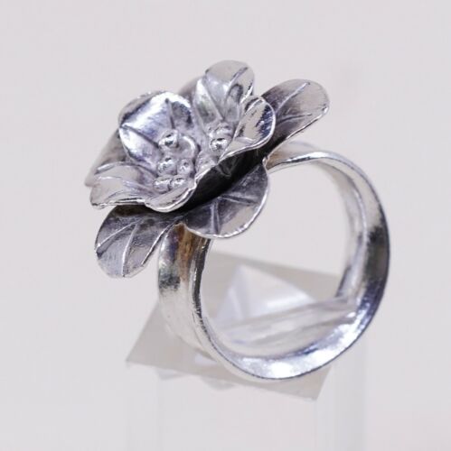 Sz 6.5, Vtg Statement Cocktail Handmade Sterling Silver Flower Ring, Stamped 925