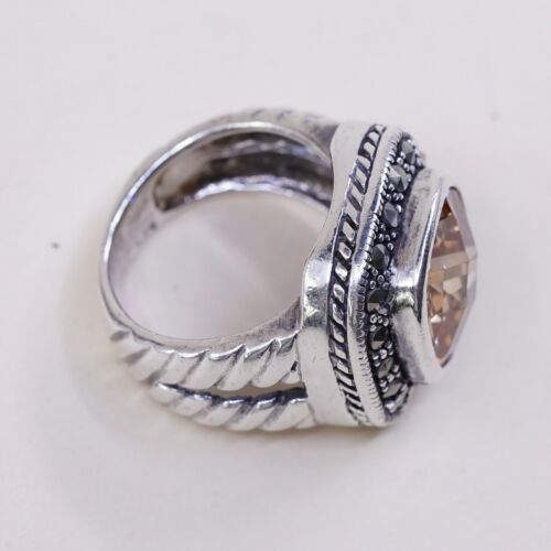 Sz 7, Vtg Sterling Silver Cocktail Ring, 925 W/ Checker Cut citrine n marcasite