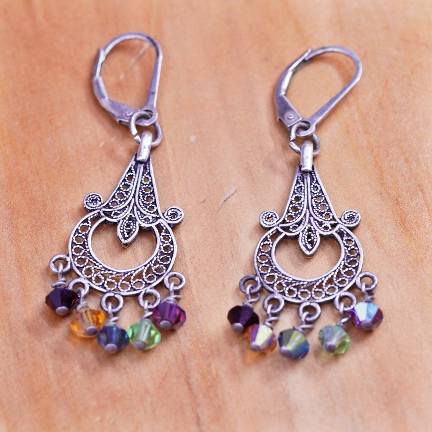 Vintage sterling silver handmade earrings, 925 teardrops filigree w/ gemstones