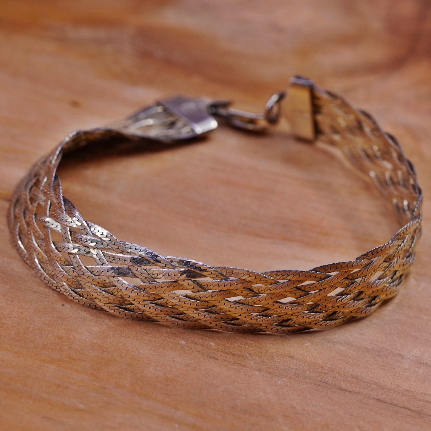 7.25”, Vintage vermeil gold Sterling silver braided woven herringbone bracelet