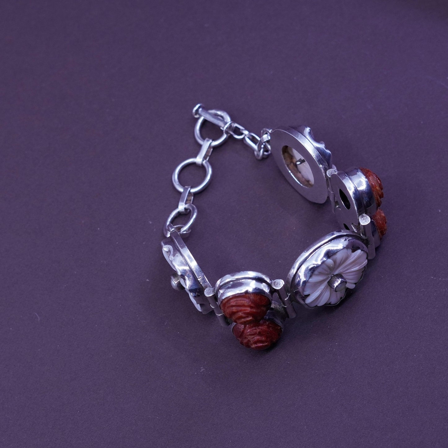 7+1”, Sterling silver handmade bracelet, 925 chain w/ coral and MOP flower