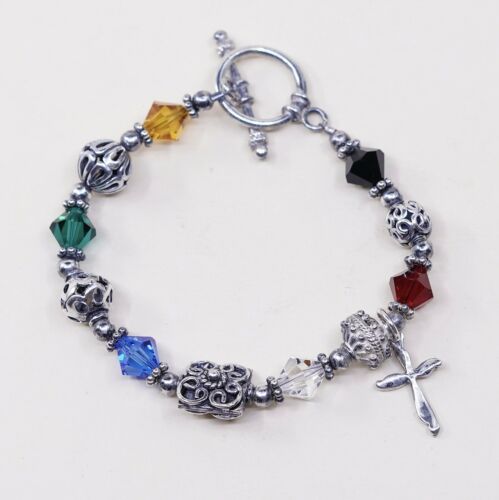 6”, Vtg Sterling Silver Handmade Bracelet 925 Bali W/ Swarovski Crystal Beads