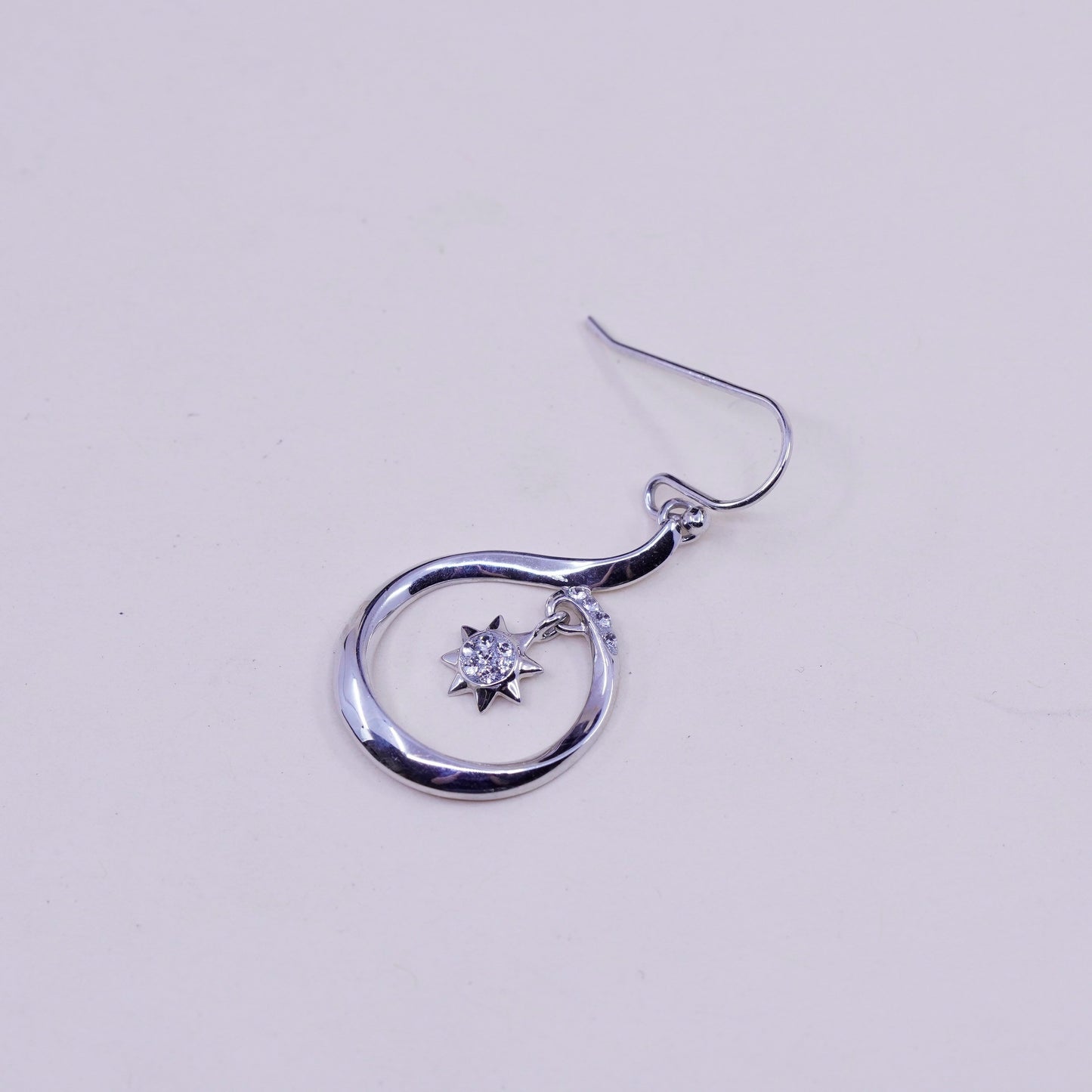 Vintage sterling silver handmade earrings, 925 snowflake drops with cz inlay