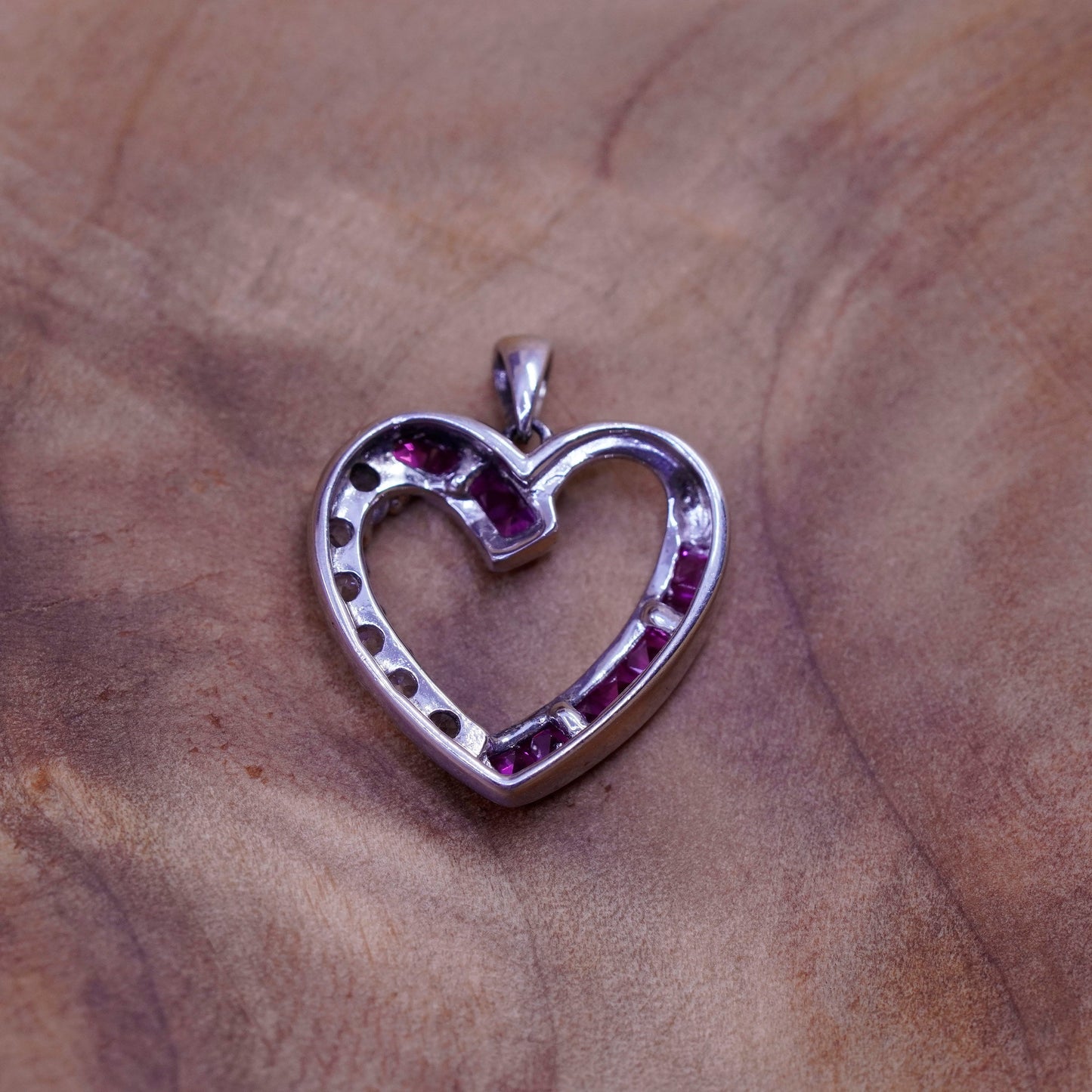 Vintage Sterling 925 silver heart pendant with pink Cz