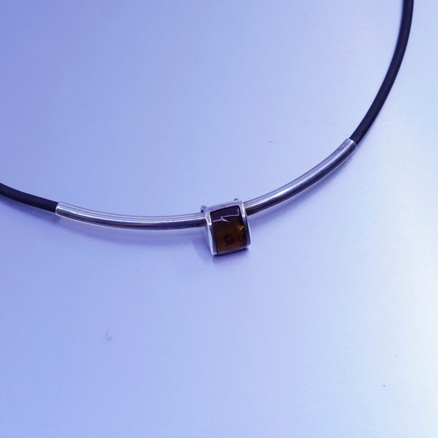 18”, vintage 925 Sterling Silver Handmade black Leather Necklace square Amber