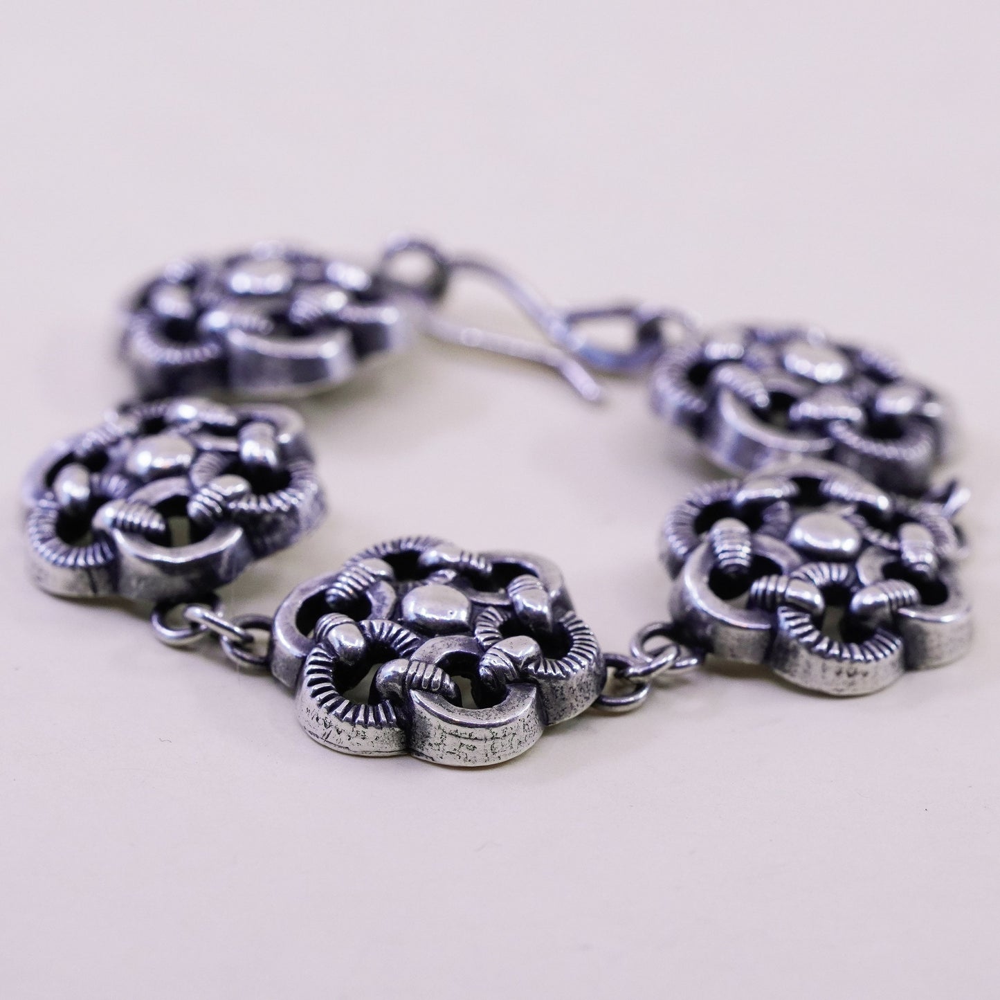 6.5”, vintage sterling 925 silver handmade bracelet, knotted floral pink chain