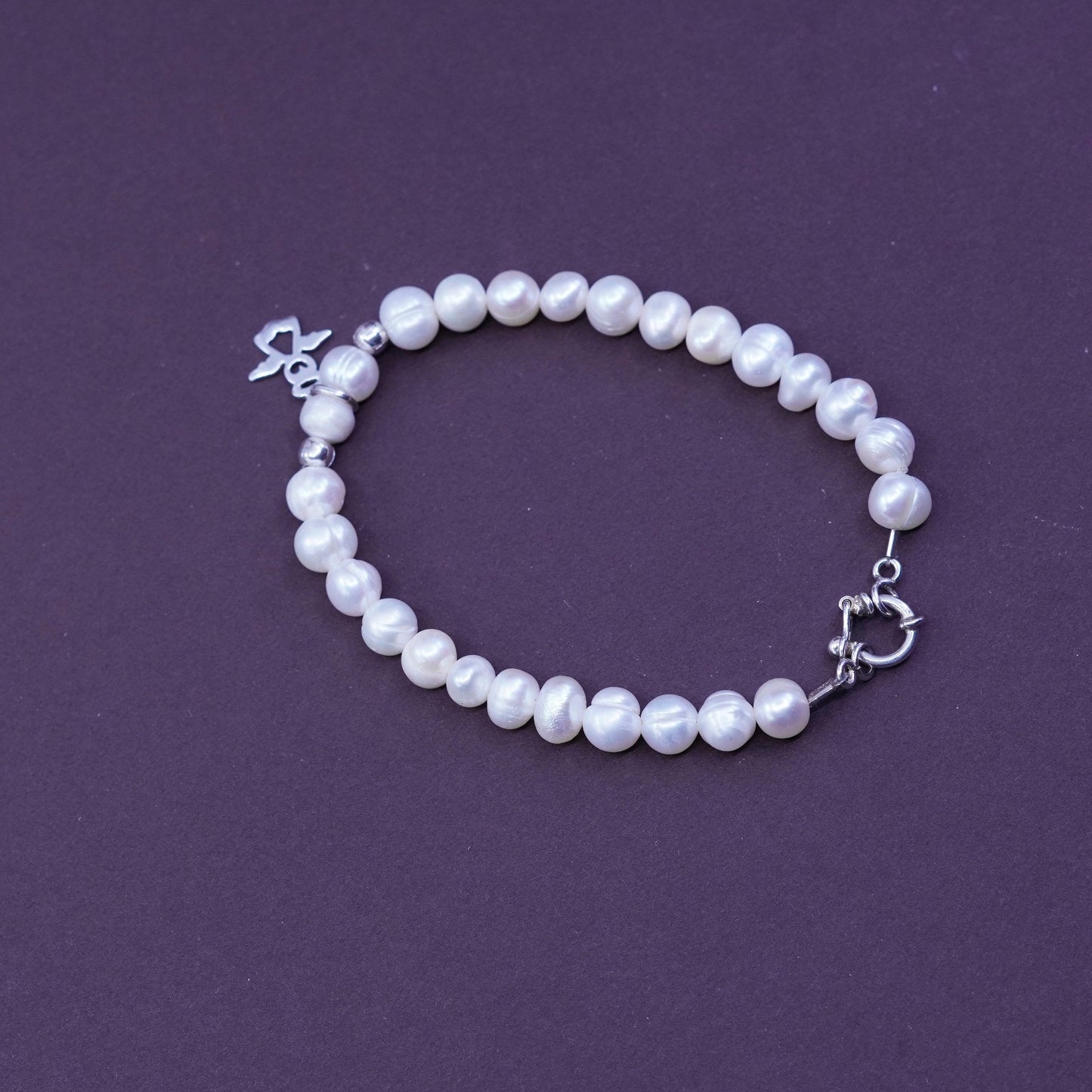 7”, Sterling 925 silver handmade bracelet, pearl beads chain with Angel charm