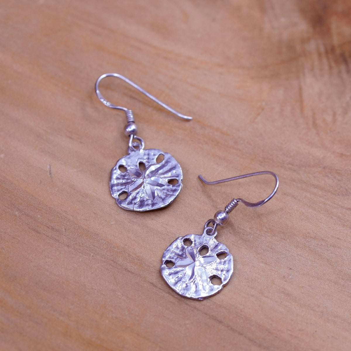 Vintage Sterling silver handmade earrings, 925 sand dollar drops