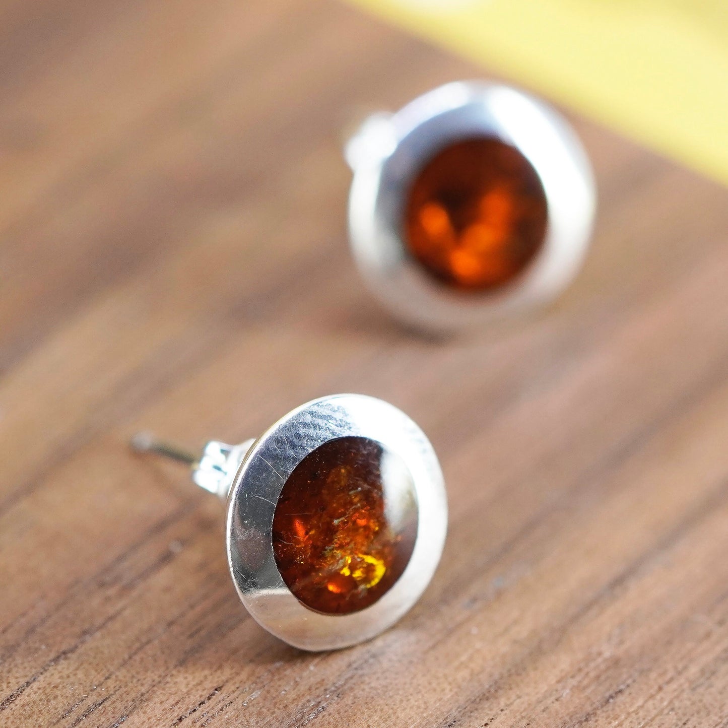 Vintage Sterling Silver Handmade earrings, round 925 studs with amber