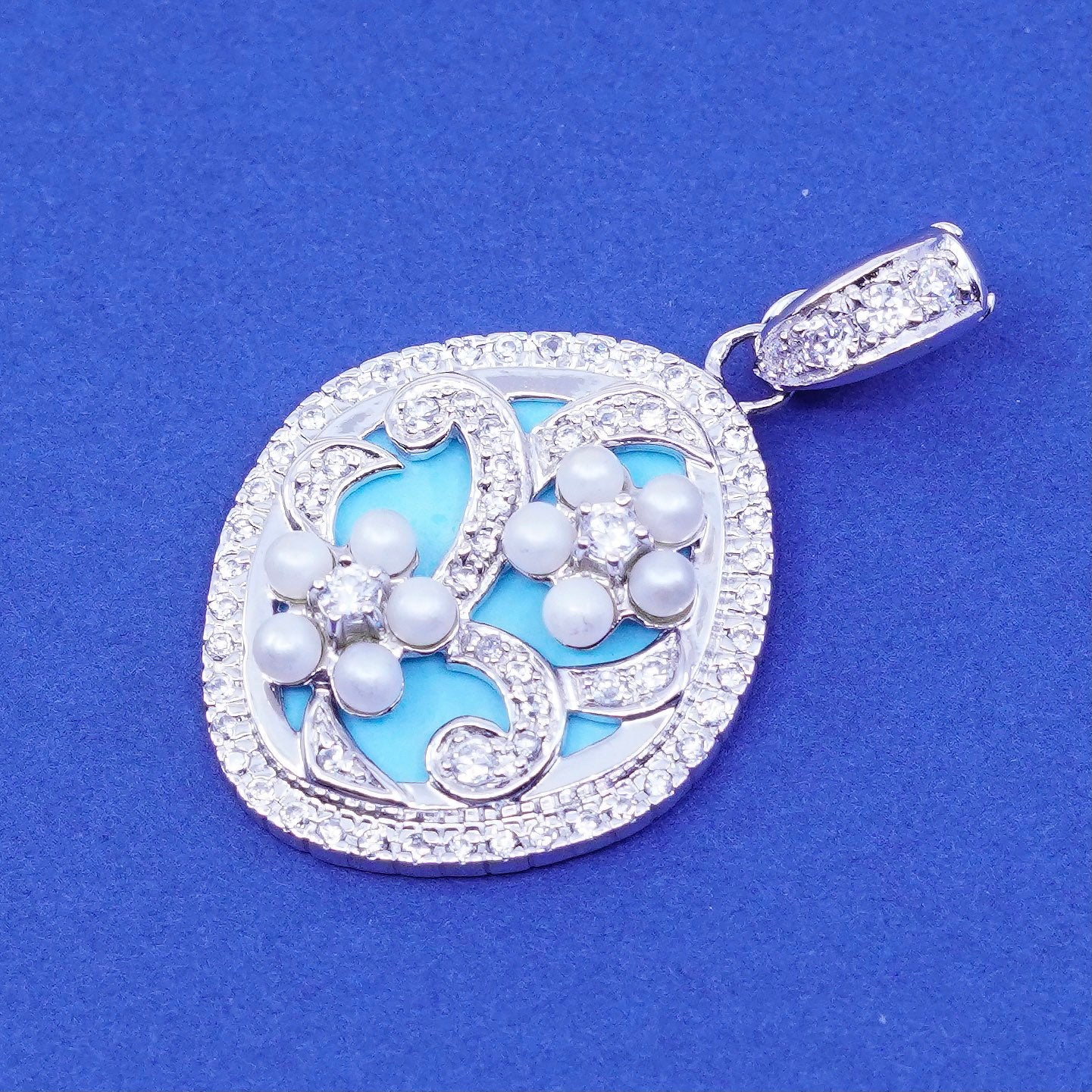 Vintage sterling 925 silver handmade pendant with pearl flower and turquoise Cz