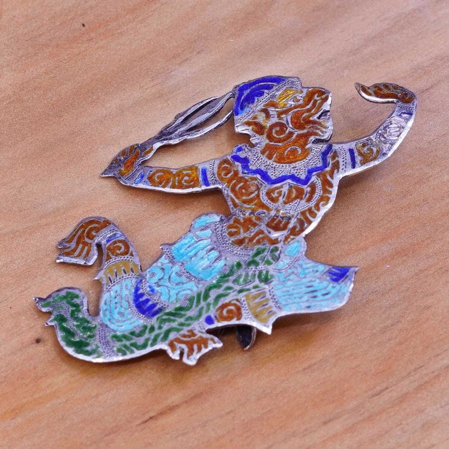 antique Spain handmade sterling 925 silver djinn brooch with enamel inlay