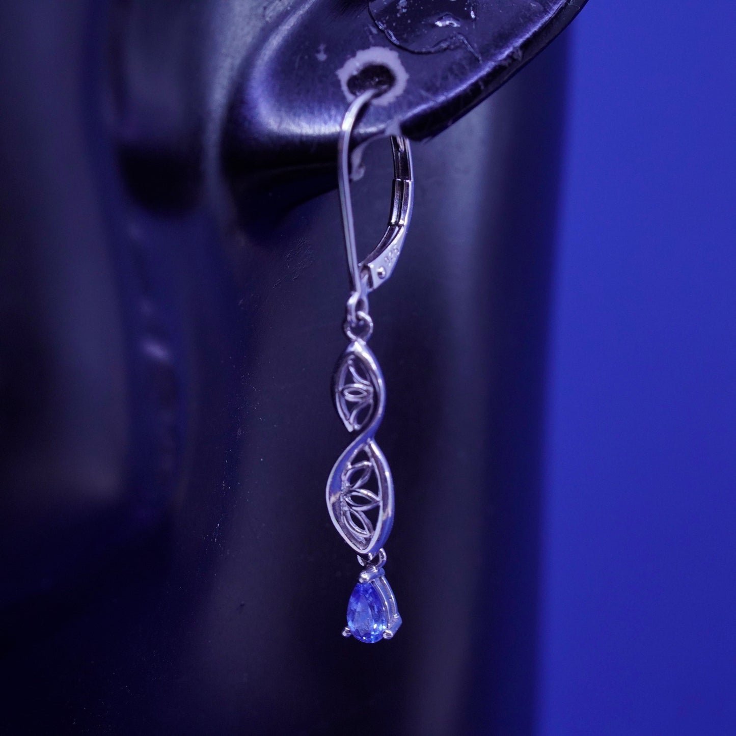 Vintage sterling 925 silver handmade earrings with teardrop blue topaz