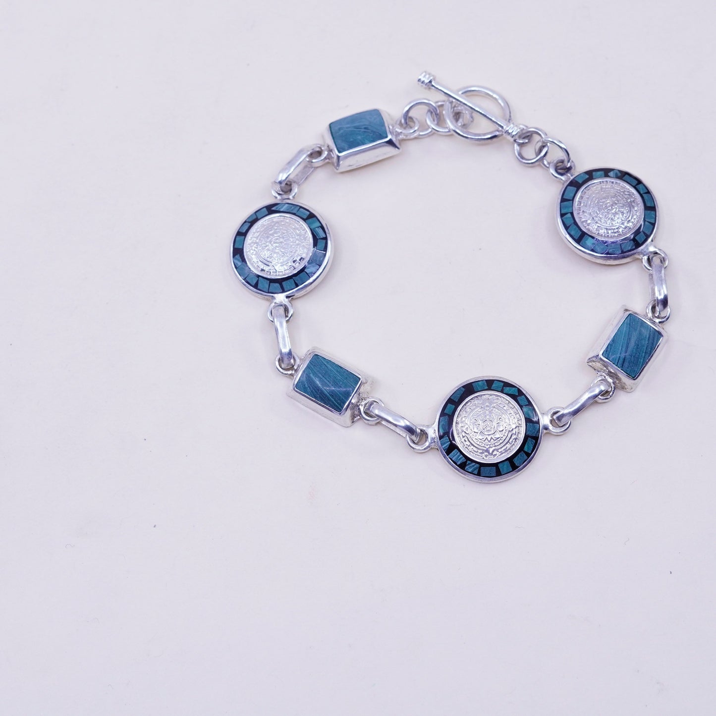 6.75”, sterling silver bracelet, 925 circle disc Mayan calendar malachite