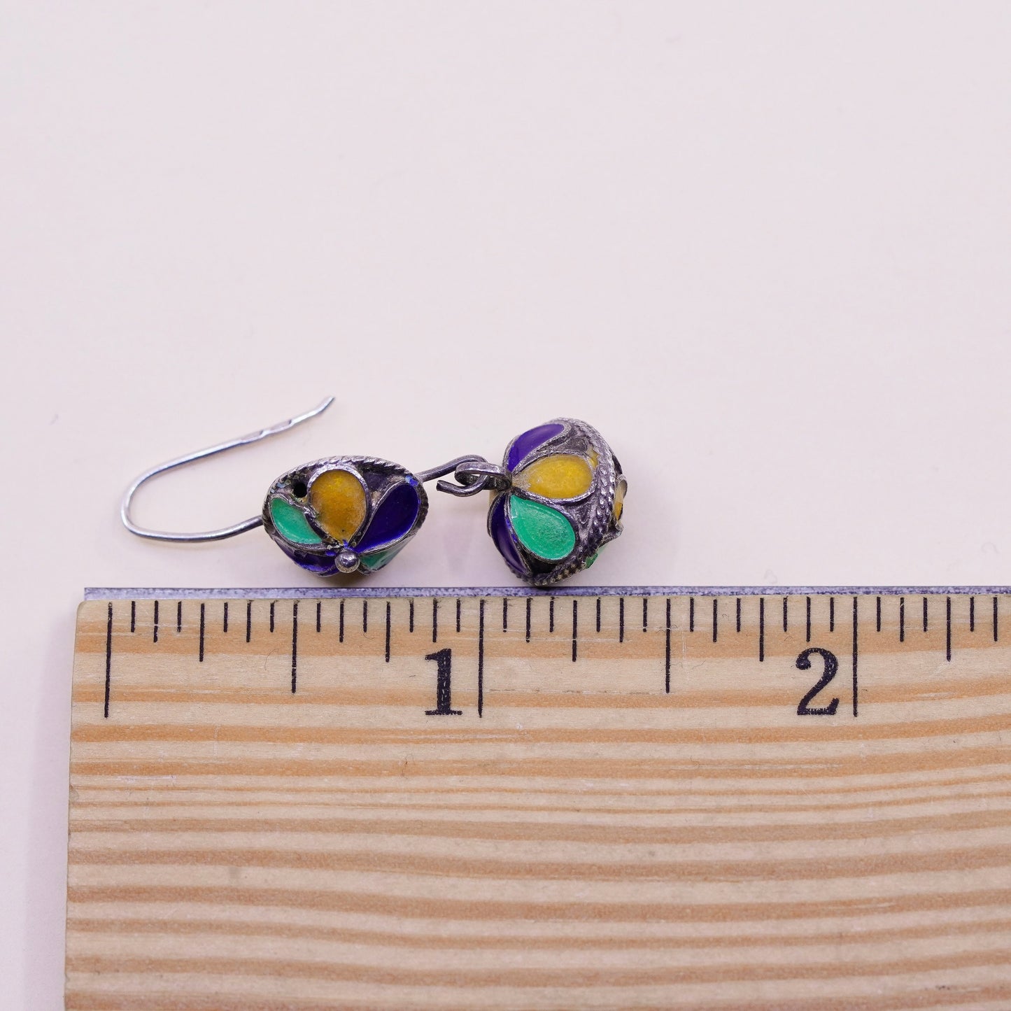 Vintage sterling 925 silver handmade bead earrings with enamel