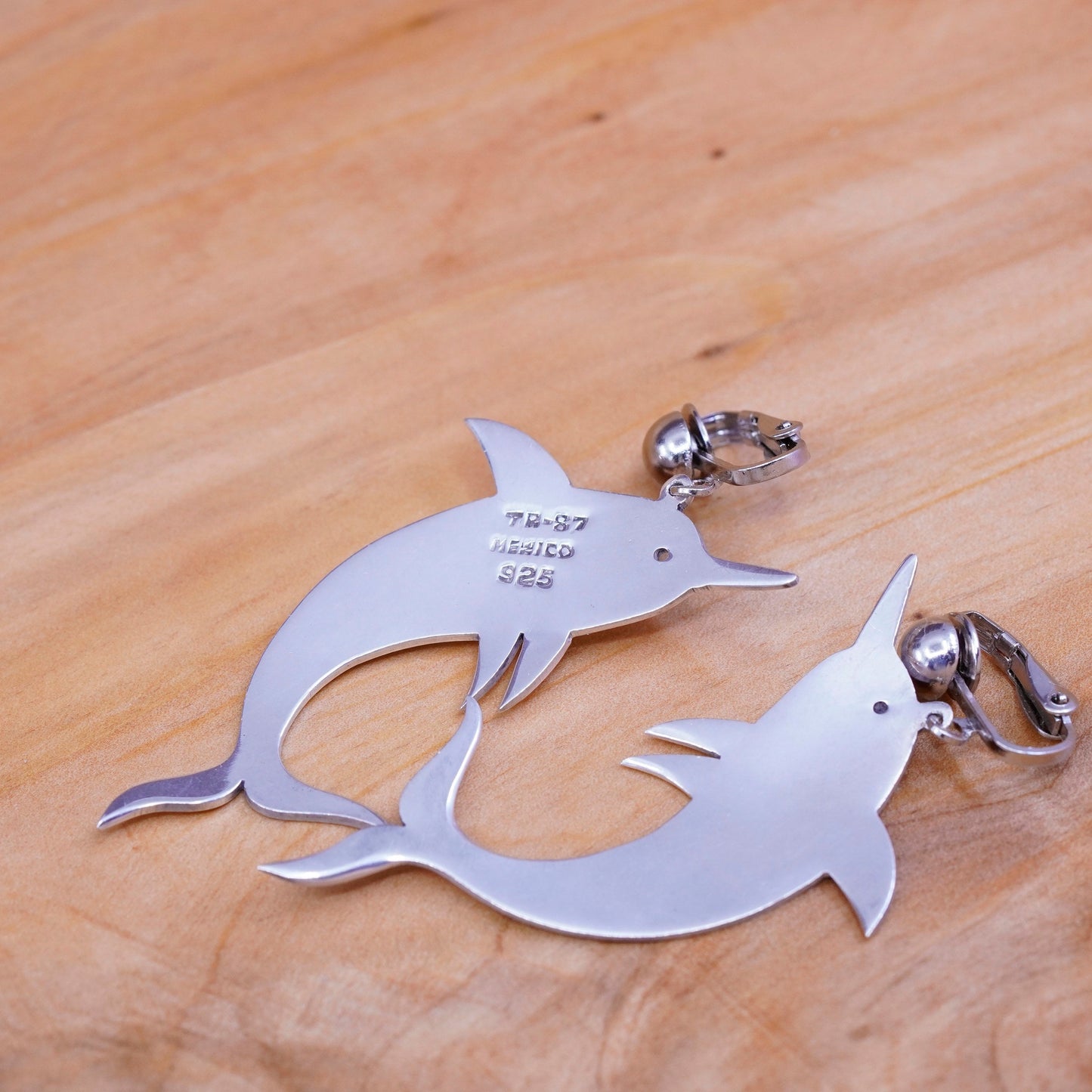 Vintage Sterling silver handmade clip on, 925 dolphin earrings