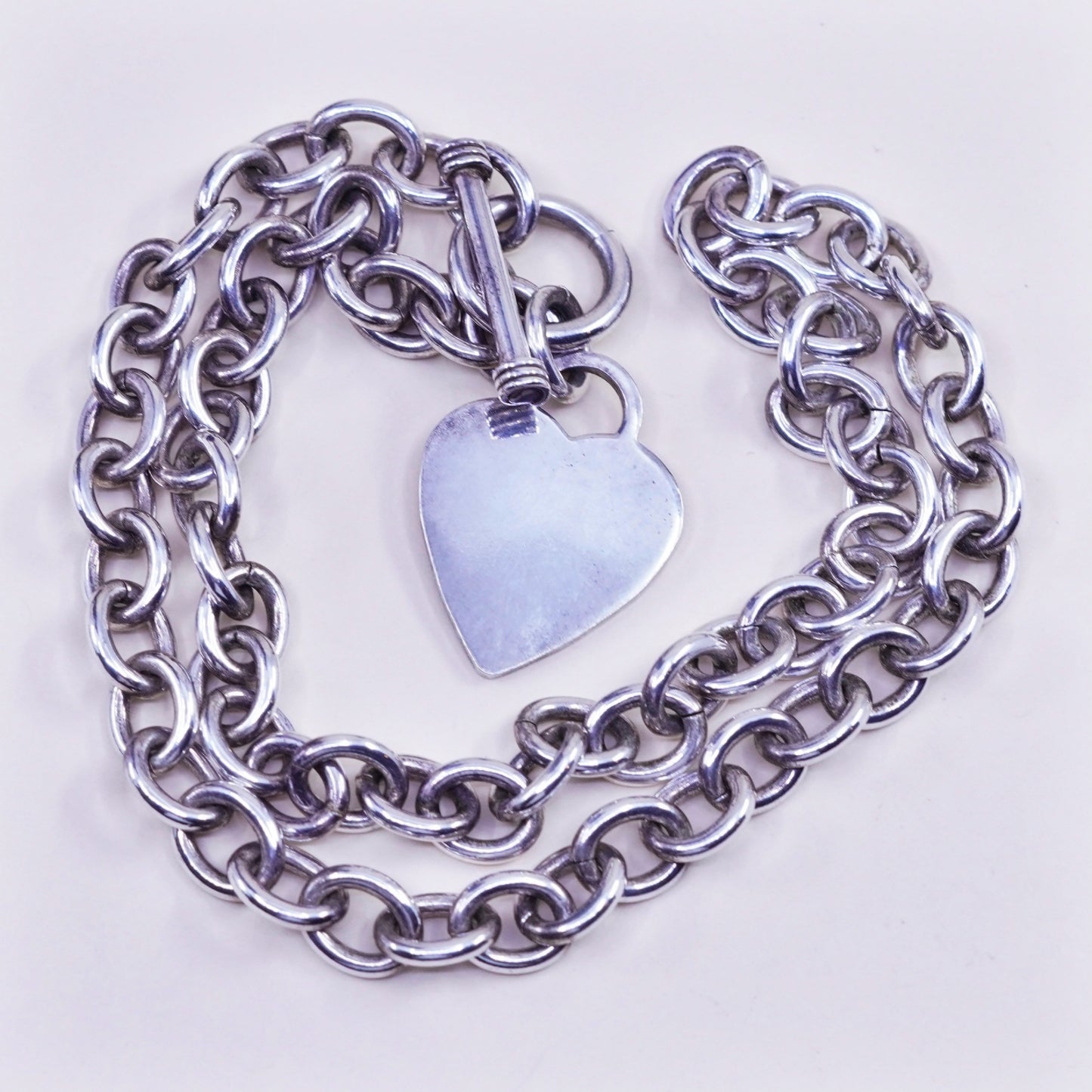 18”, sterling silver charm necklace, 925 handmade bold circle chain heart charm
