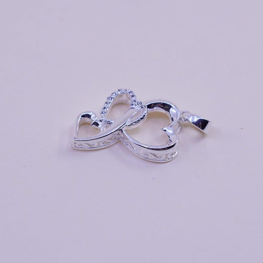 Vintage sterling silver pendant, 925 triple hearts with crystal