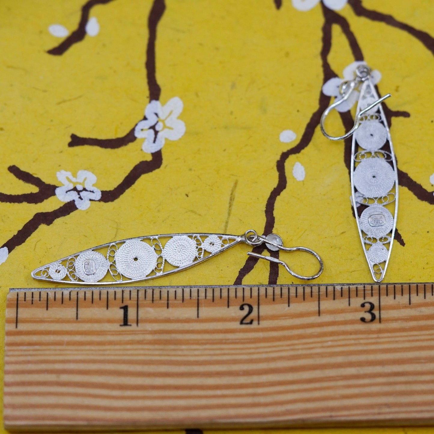 Vintage Sterling silver handmade earrings, 925 Filigree marquise shaped dangle