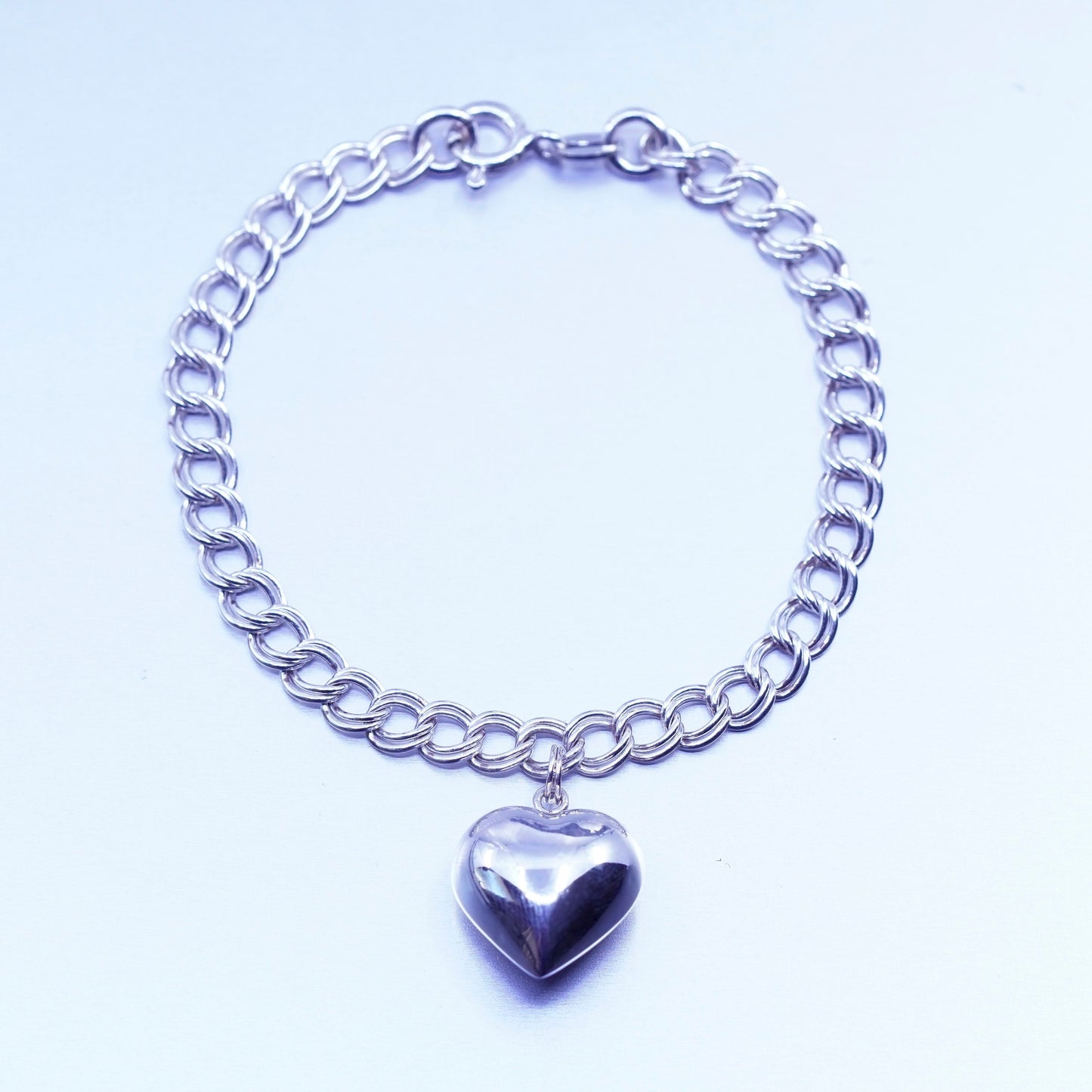 6.75”, Italy Sterling 925 silver bracelet, men’s curb chain puffy heart charm