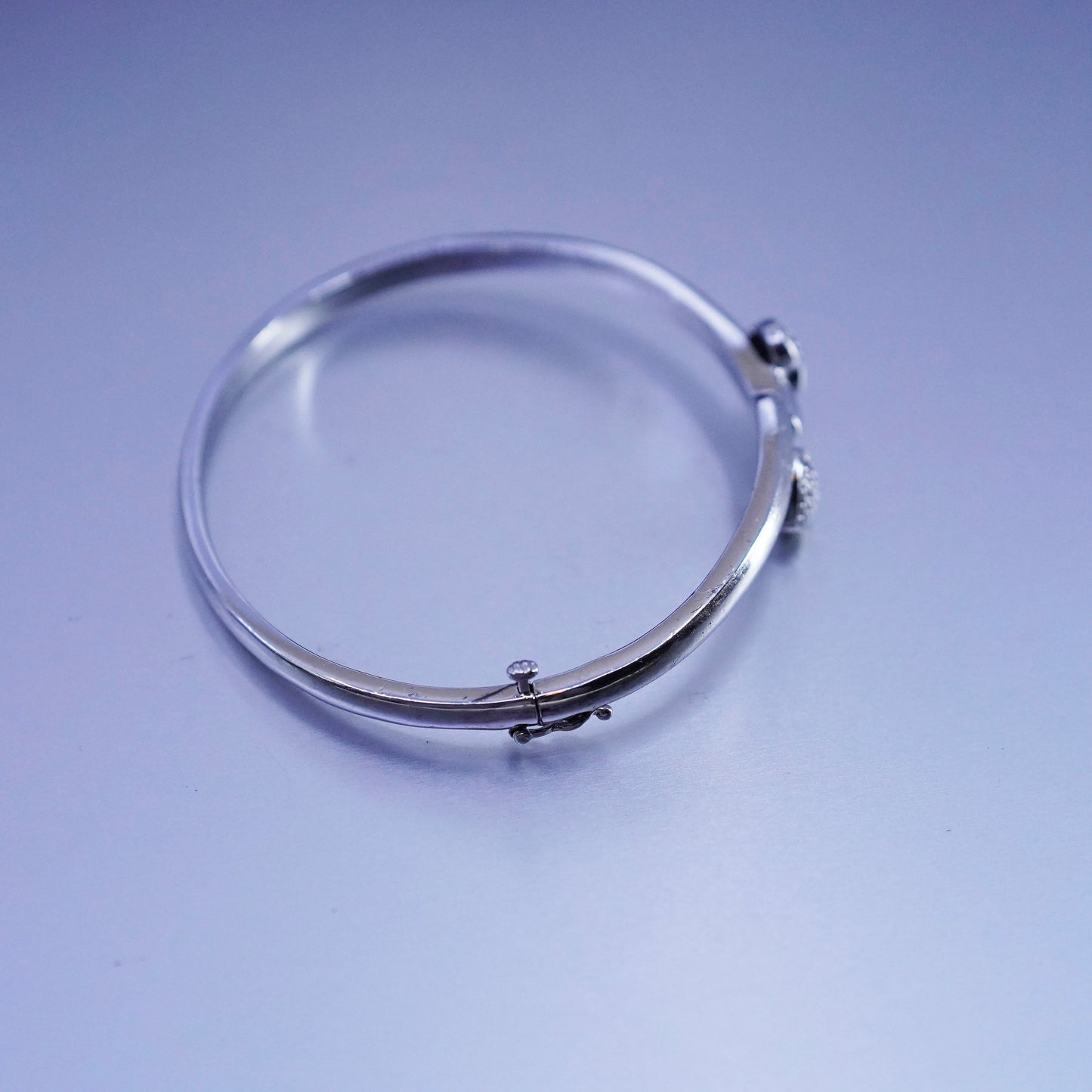 7”, Vintage Sterling 925 silver handmade bracelet, hinged bangle diamond heart