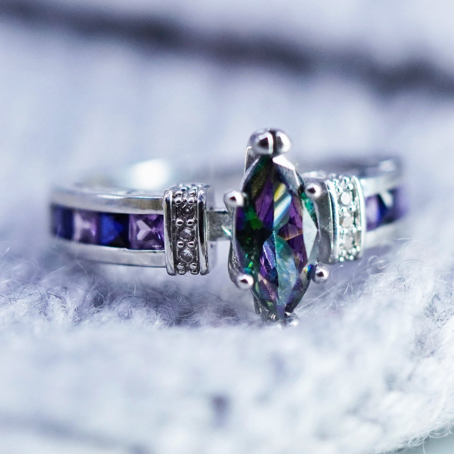 Size 7, Sterling 925 silver handmade band ring rainbow topaz amethyst sapphire