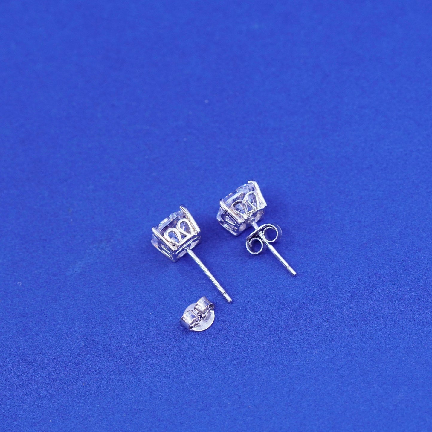 8mm, Vintage sterling silver handmade earrings, square 925 silver studs with CZ