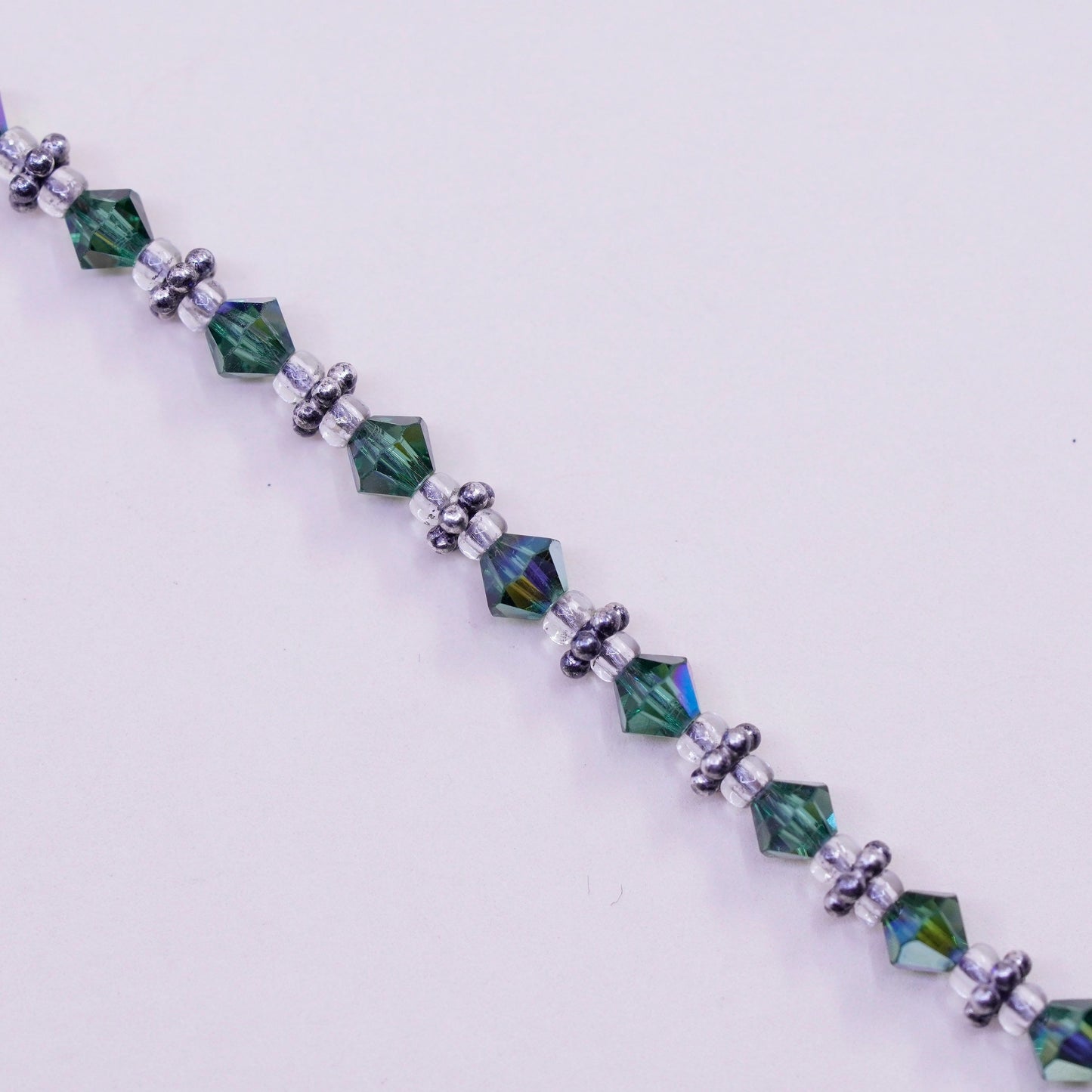 7”, vintage Sterling silver handmade bracelet, 925 beads green crystal beads