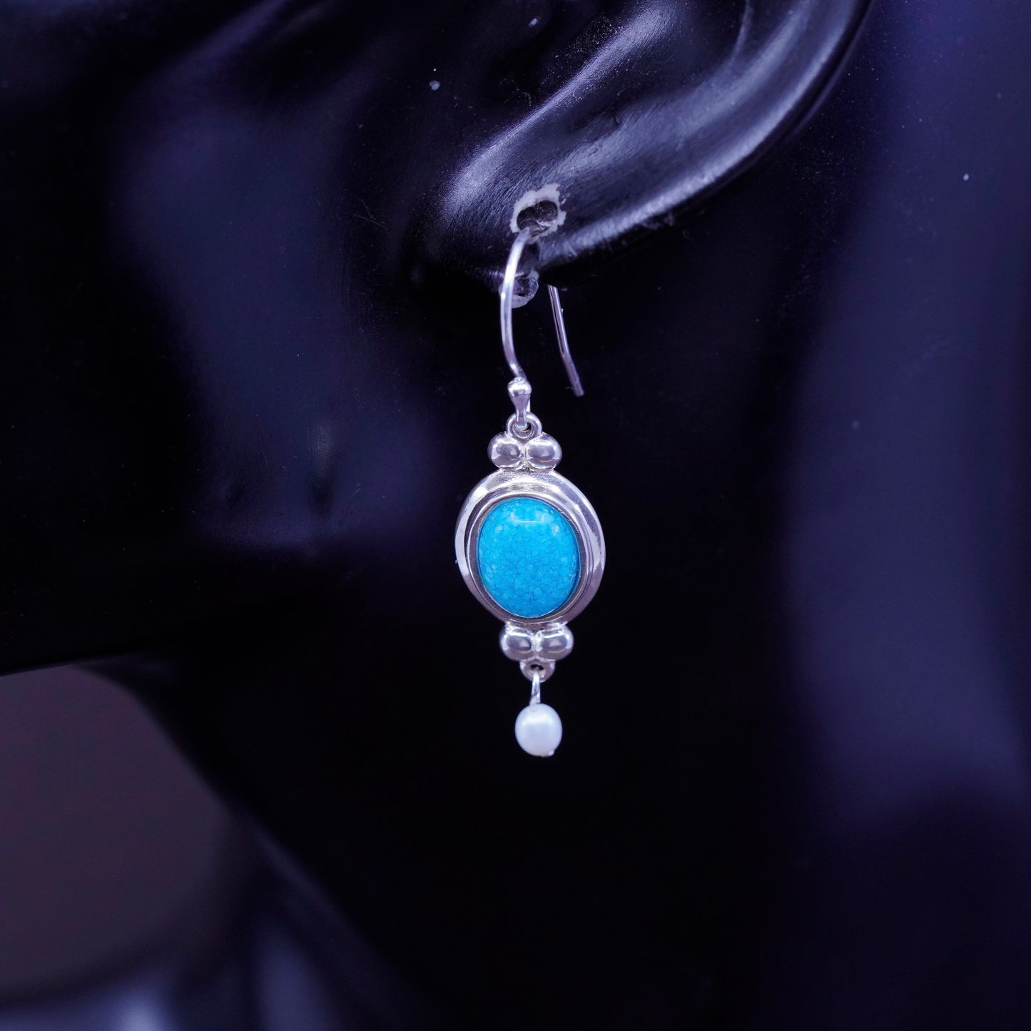 southwestern CCO Sterling 925 silver earrings with oval turquoise and pearl
