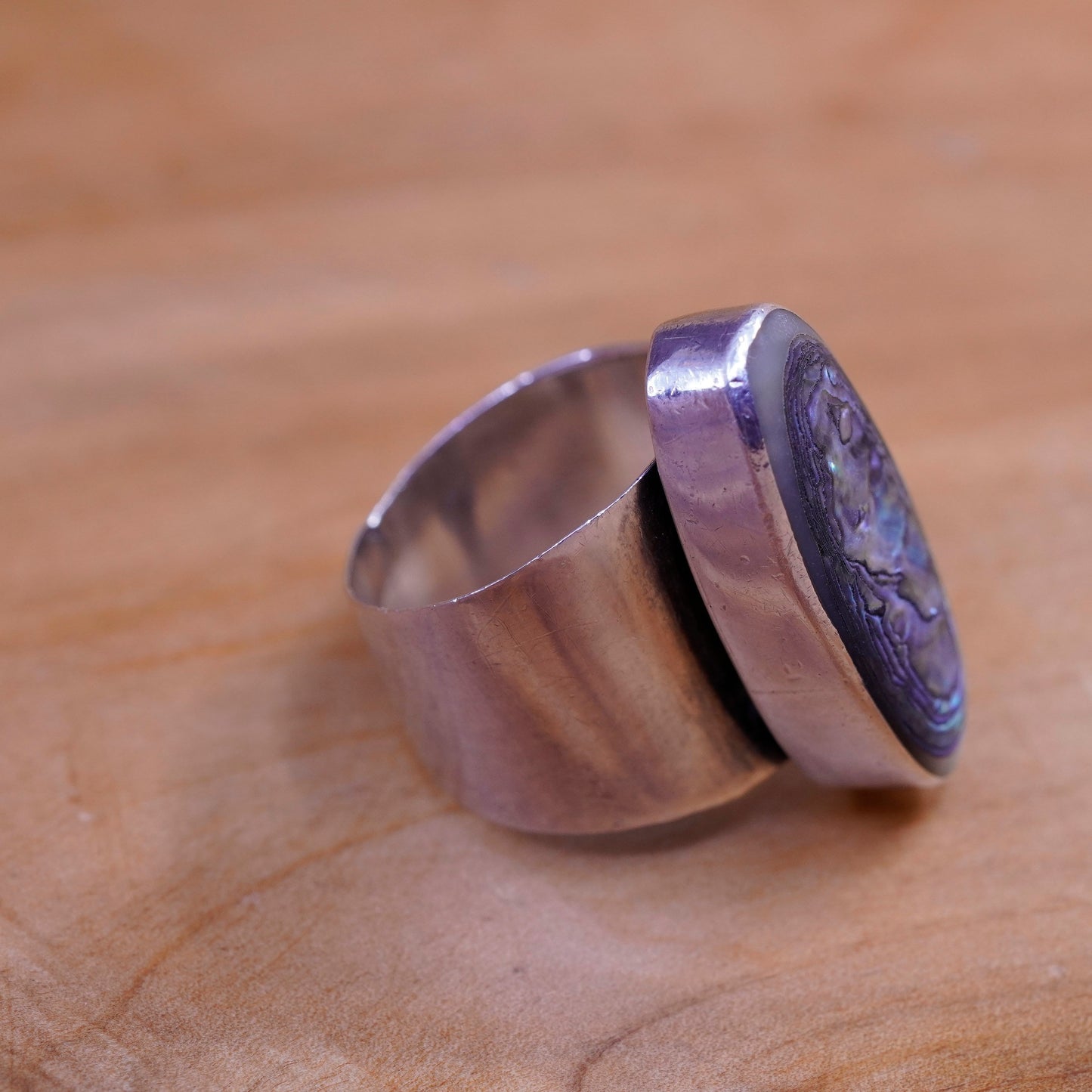 Size 8.75, vintage sterling silver handmade ring, 925 band with abalone